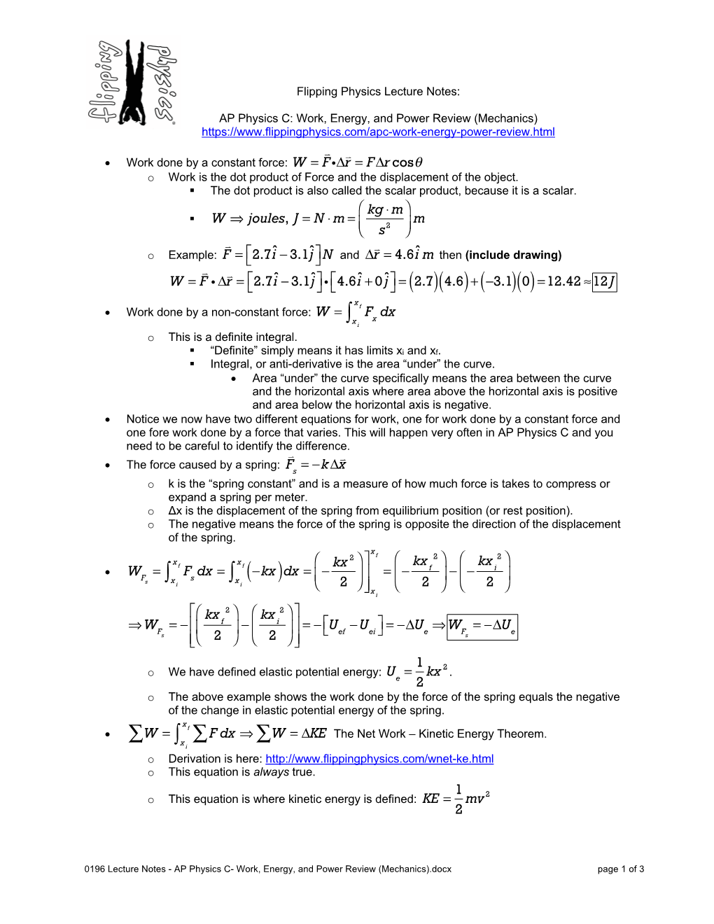 0196 Lecture Notes - AP Physics C- Work, Energy, and Power Review (Mechanics).Docx Page 1 of 3