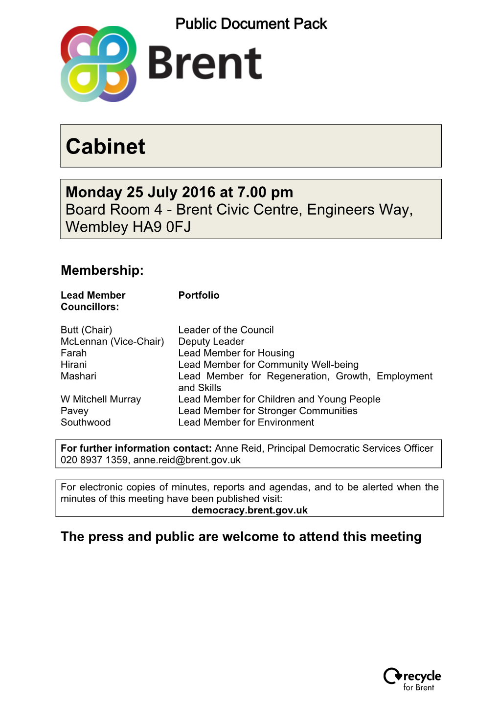 (Public Pack)Agenda Document for Cabinet, 25/07/2016 19:00