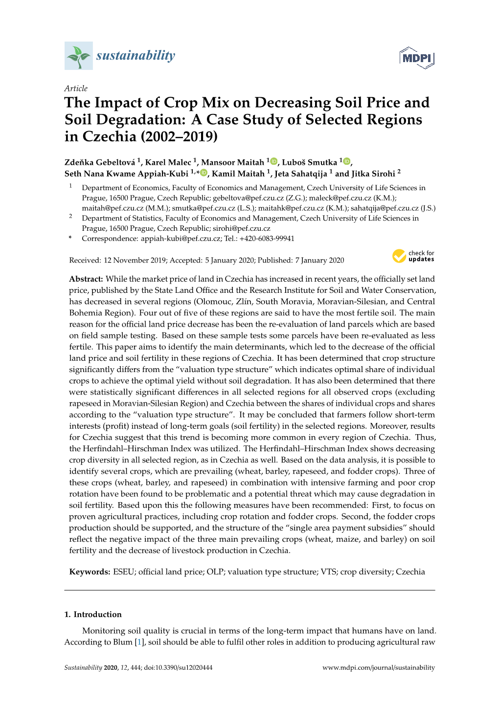 The Impact of Crop Mix on Decreasing Soil Price and Soil Degradation: a Case Study of Selected Regions in Czechia (2002–2019)