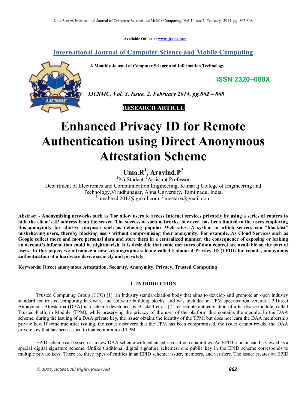 Enhanced Privacy ID for Remote Authentication Using Direct