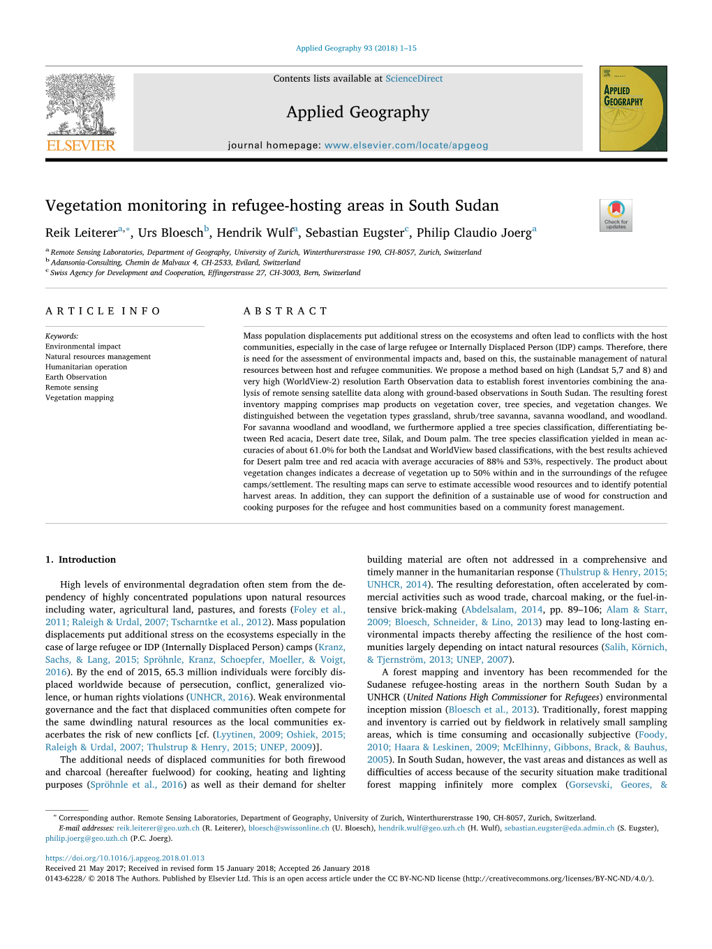 Vegetation Monitoring in Refugee-Hosting Areas in South Sudan