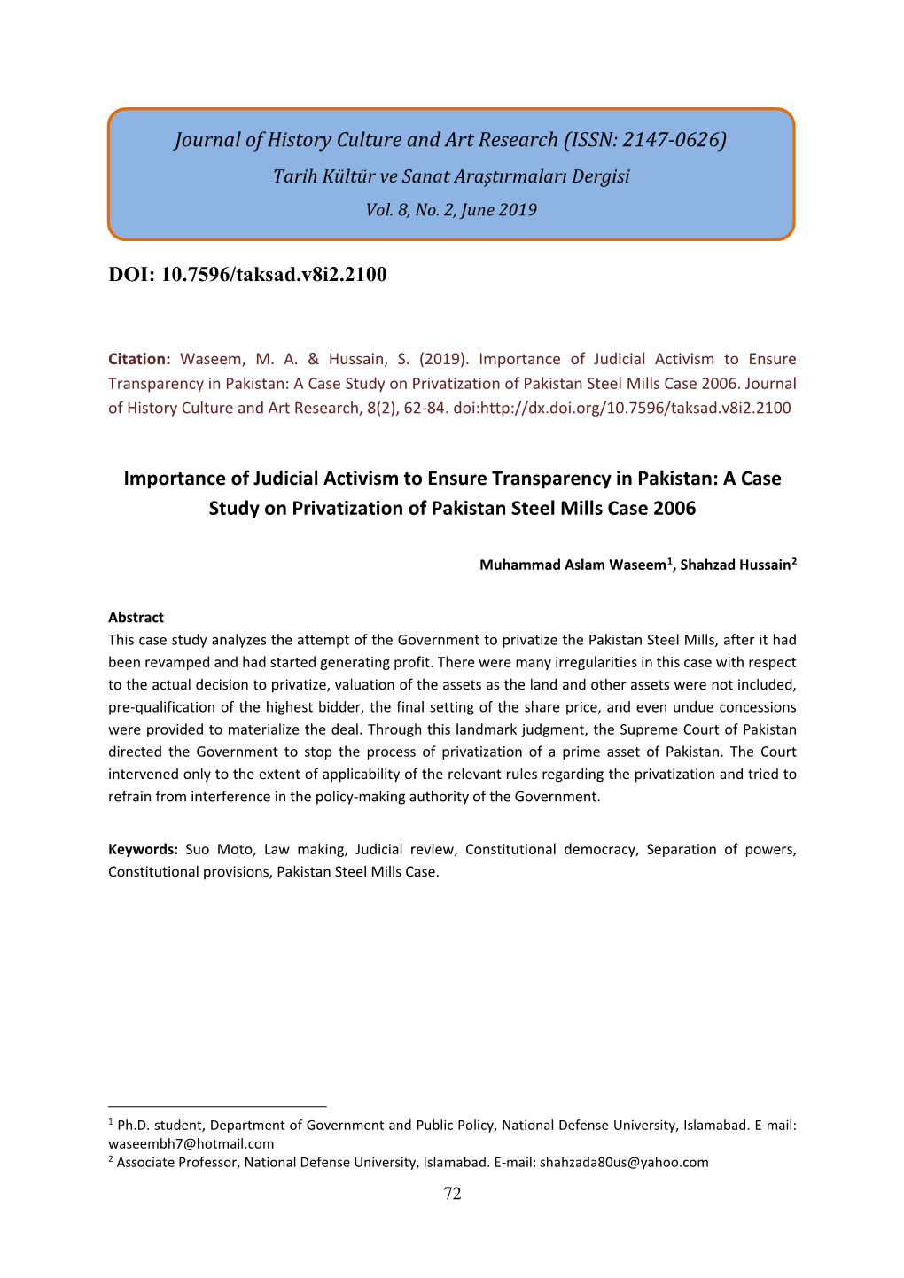 Importance of Judicial Activism to Ensure Transparency in Pakistan: a Case Study on Privatization of Pakistan Steel Mills Case 2006