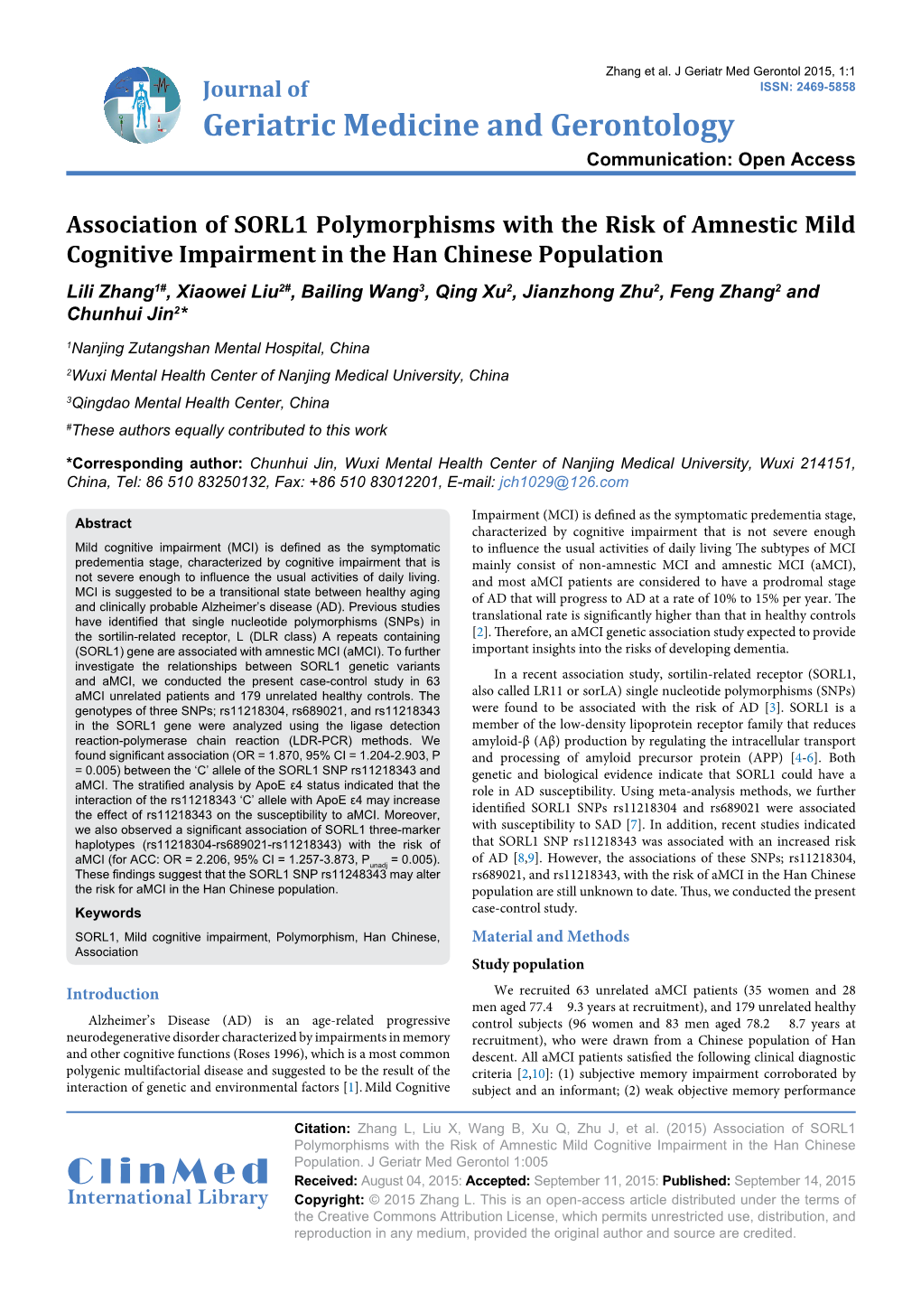 Association of SORL1 Polymorphisms with the Risk of Amnestic Mild