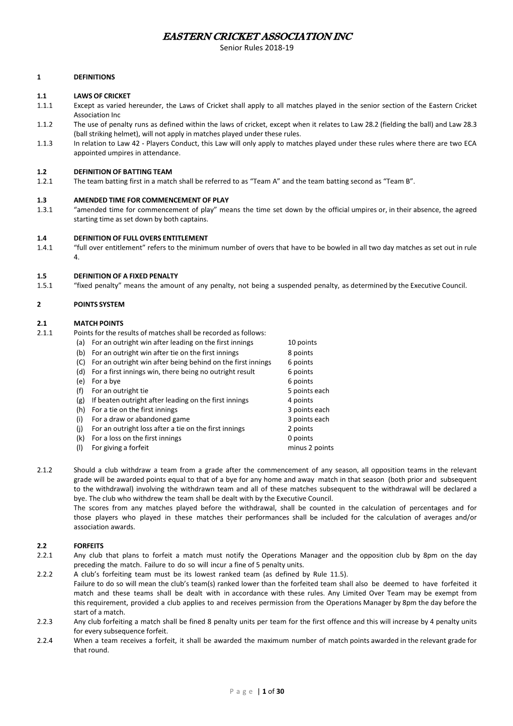 EASTERN CRICKET ASSOCIATION INC Senior Rules 2018-19