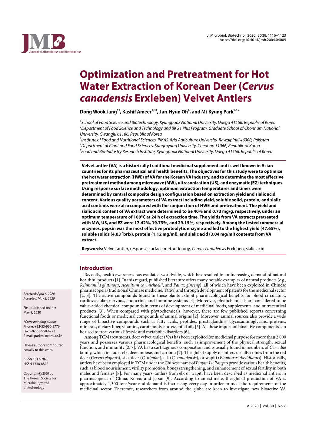 Optimization and Pretreatment for Hot Water Extraction of Korean Deer (Cervus Canadensis Erxleben) Velvet Antlers