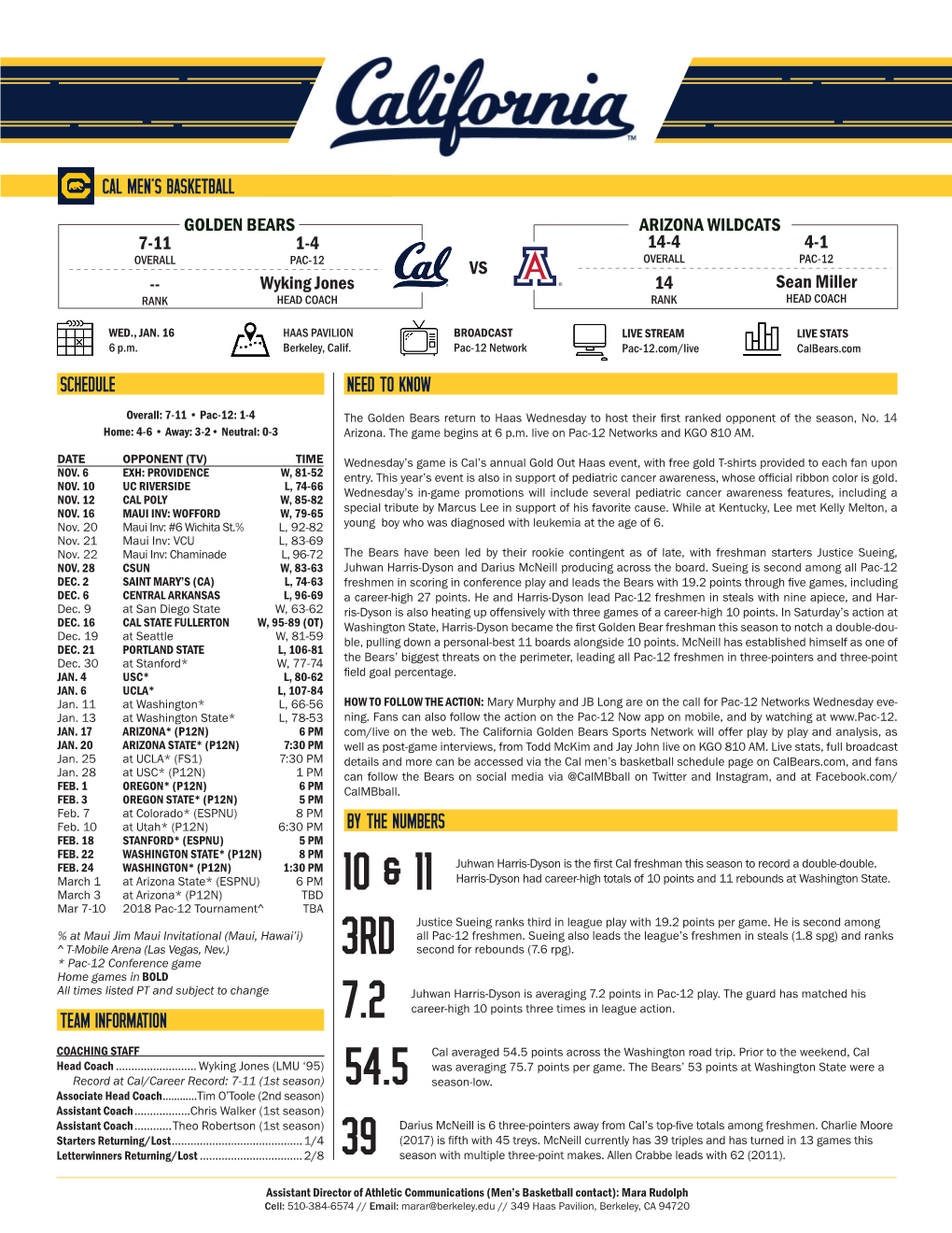 Cal Men's Basketball Schedule Team Information