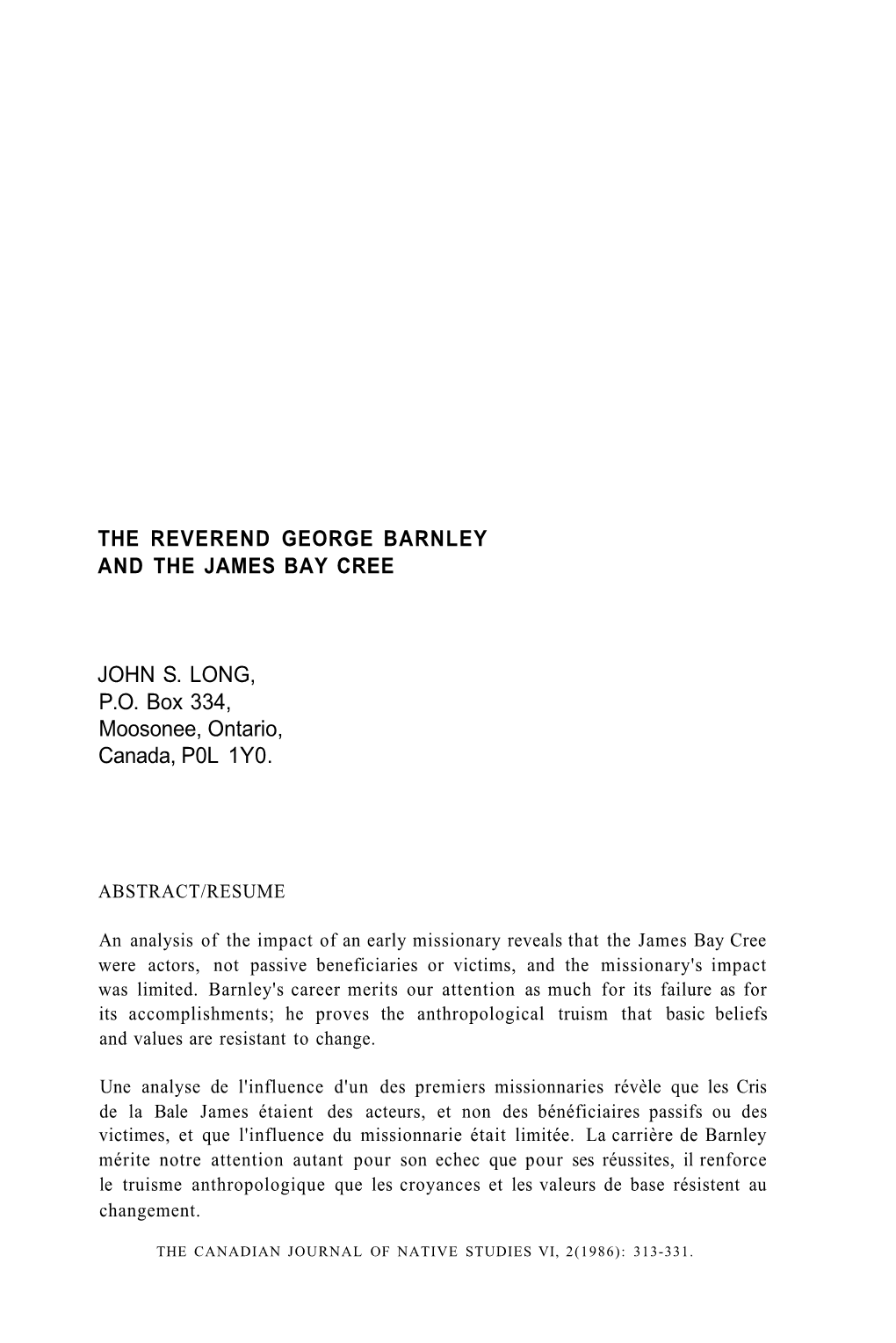 The Reverend George Barnley and the James Bay Cree