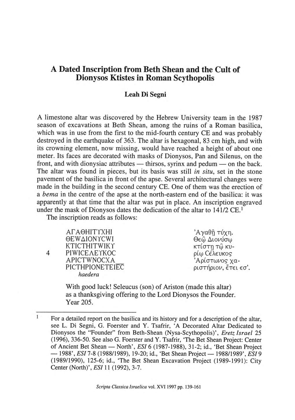 A Dated Inscription from Beth Shean and the Cult of Dionysos Ktistes in Roman Scythopolis