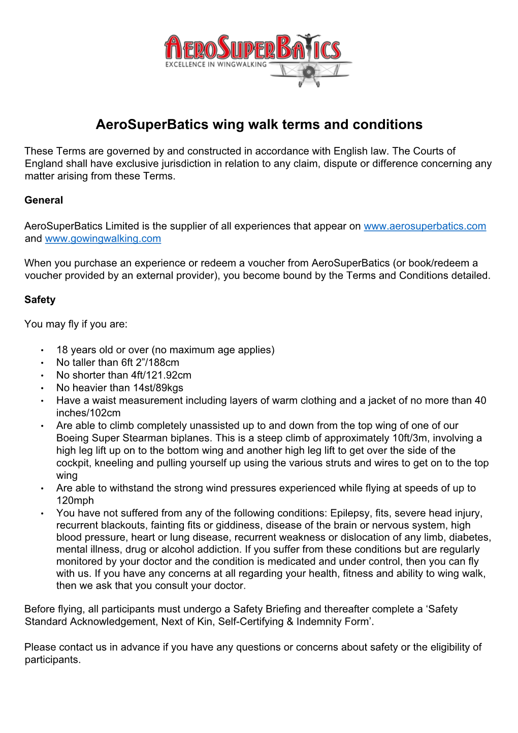 Aerosuperbatics Wing Walk Terms and Conditions