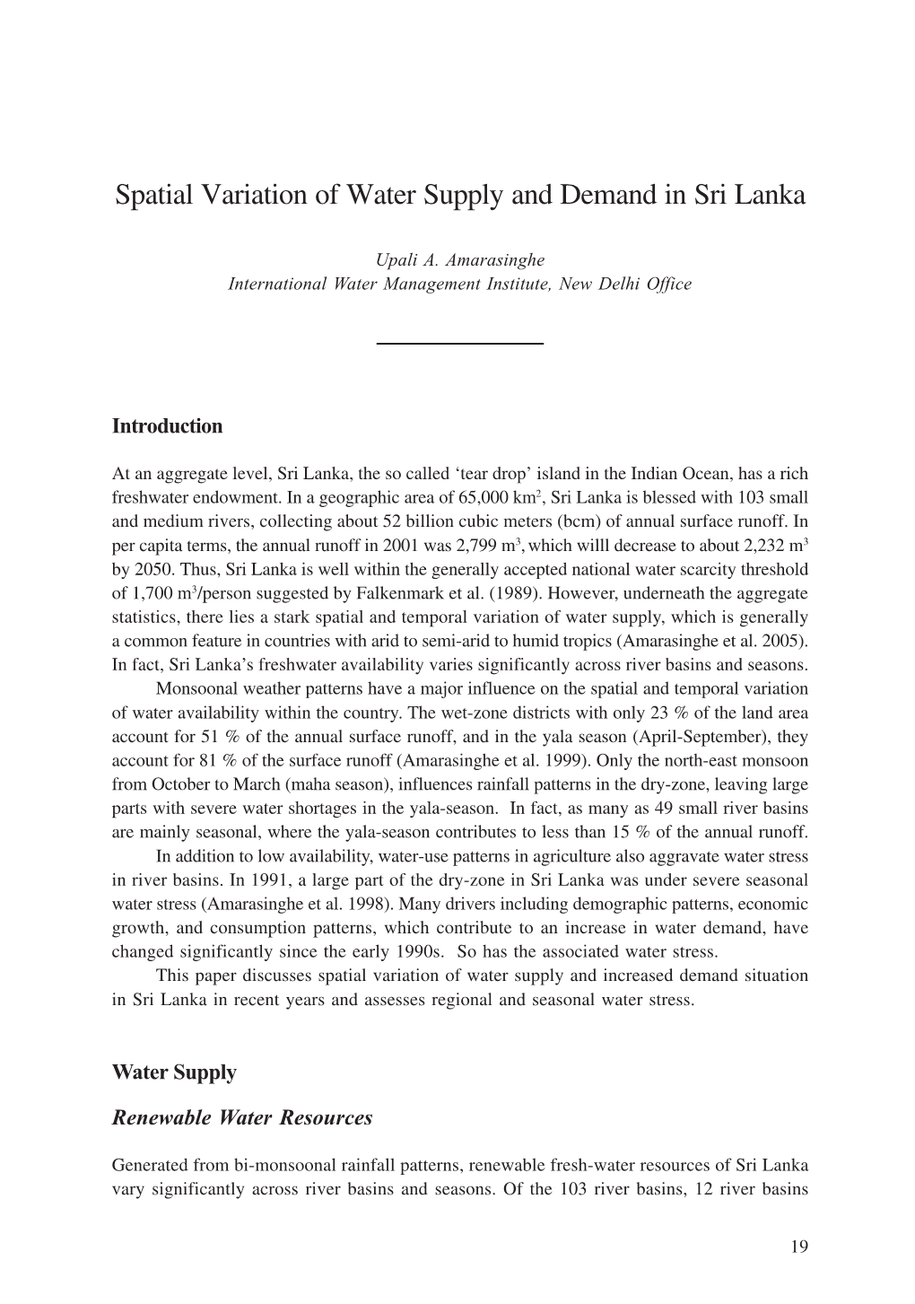 Spatial Variation of Water Supply and Demand in Sri Lanka