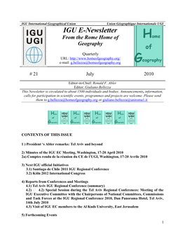 IGU International Geographical Union Union Géographique Internationale UGI IGU E-Newsletter from the Rome Home of Geography
