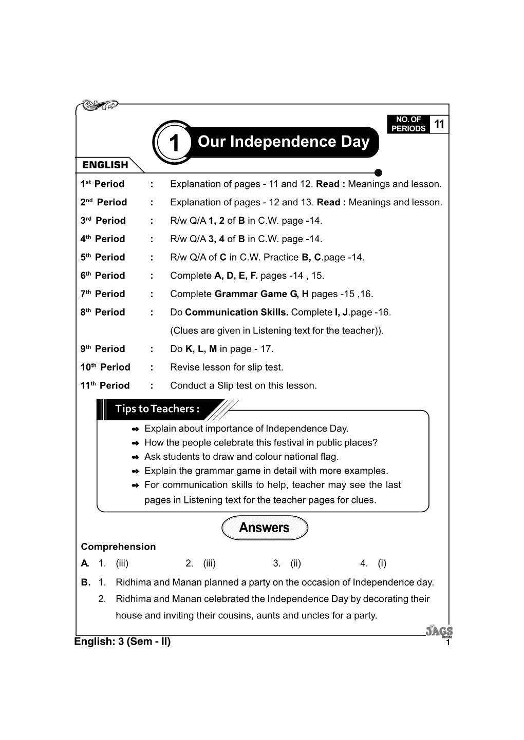 Our Independence Day ENGLISH 1 St Period : Explanation of Pages - 11 and 12