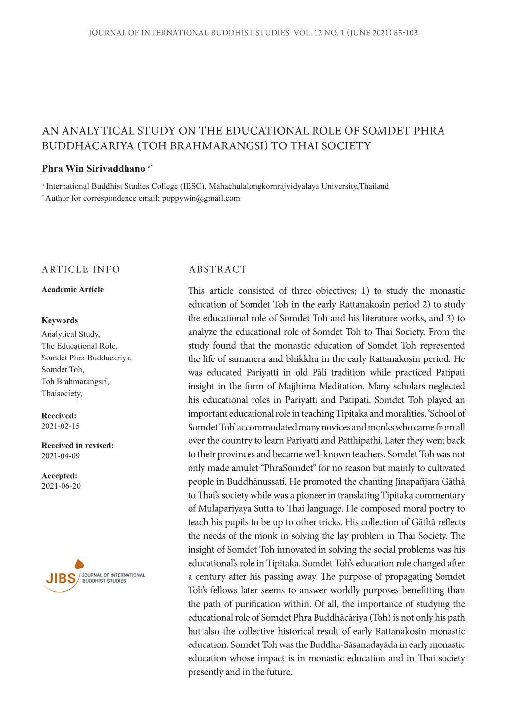 An Analytical Study on the Educational Role of Somdet Phra Buddhācāriya (Toh Brahmarangsi) to Thai Society