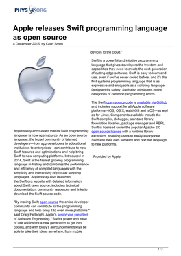 Apple Releases Swift Programming Language As Open Source 4 December 2015, by Colin Smith