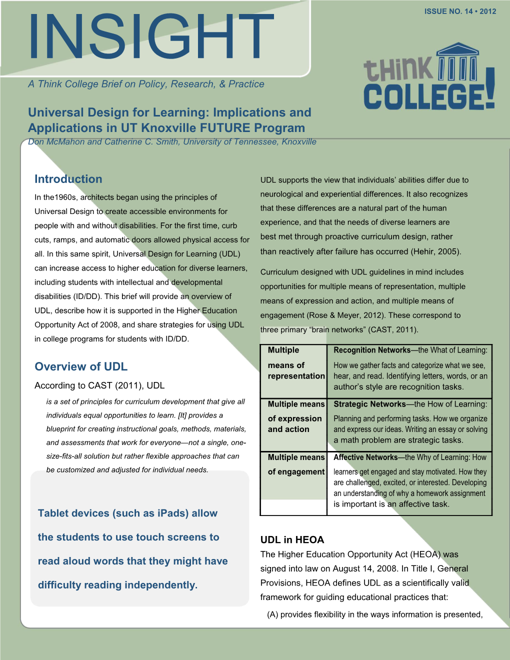 Universal Design for Learning: Implications and Applications in UT Knoxville FUTURE Program