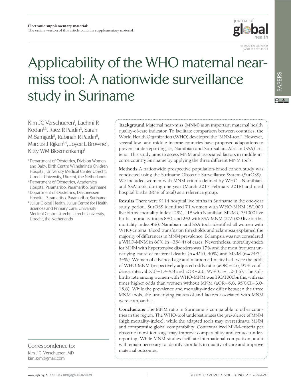 Applicability of the WHO Maternal Near- Miss Tool: a Nationwide Surveillance Study in Suriname PAPERS VIEWPOINTS