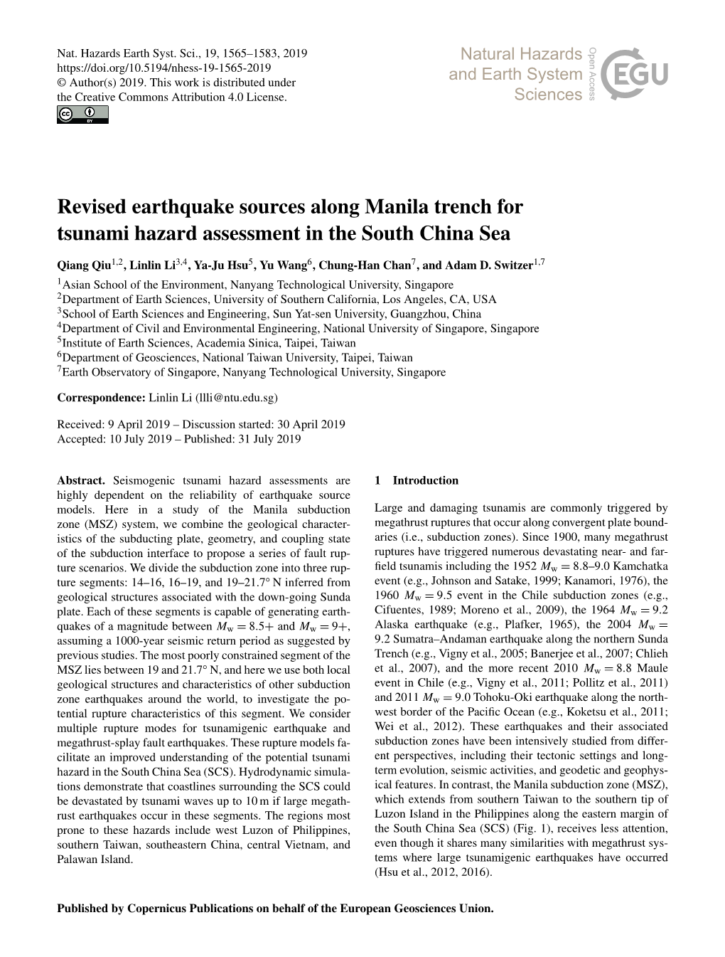 Revised Earthquake Sources Along Manila Trench for Tsunami Hazard Assessment in the South China Sea