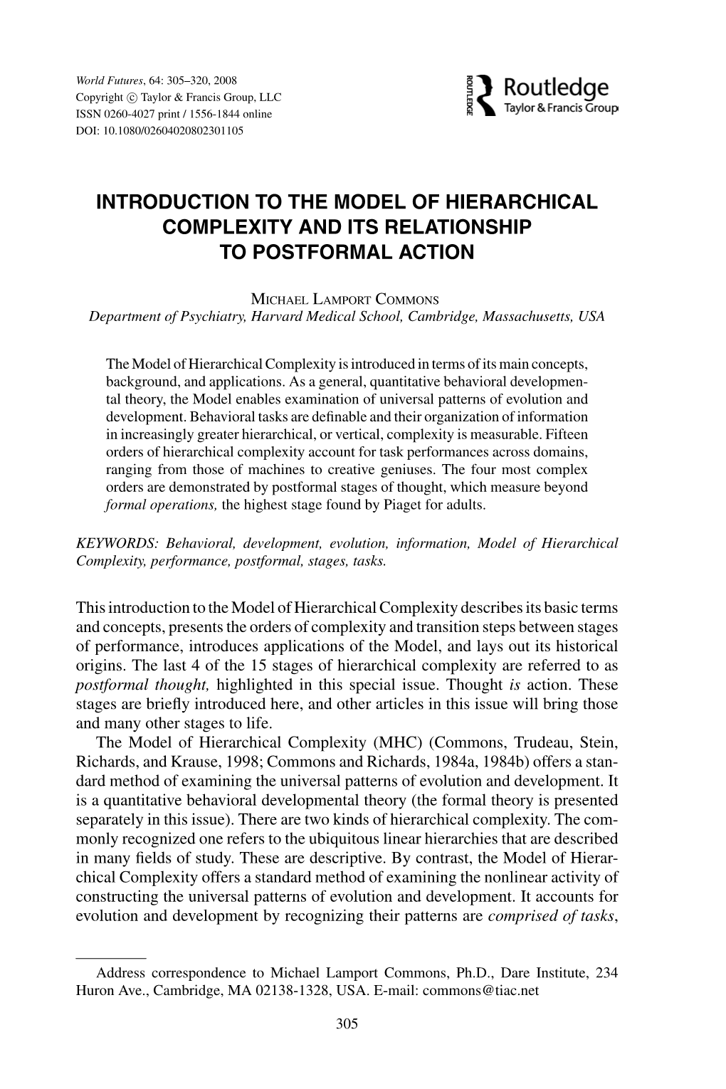 Introduction to the Model of Hierarchical Complexity and Its Relationship to Postformal Action