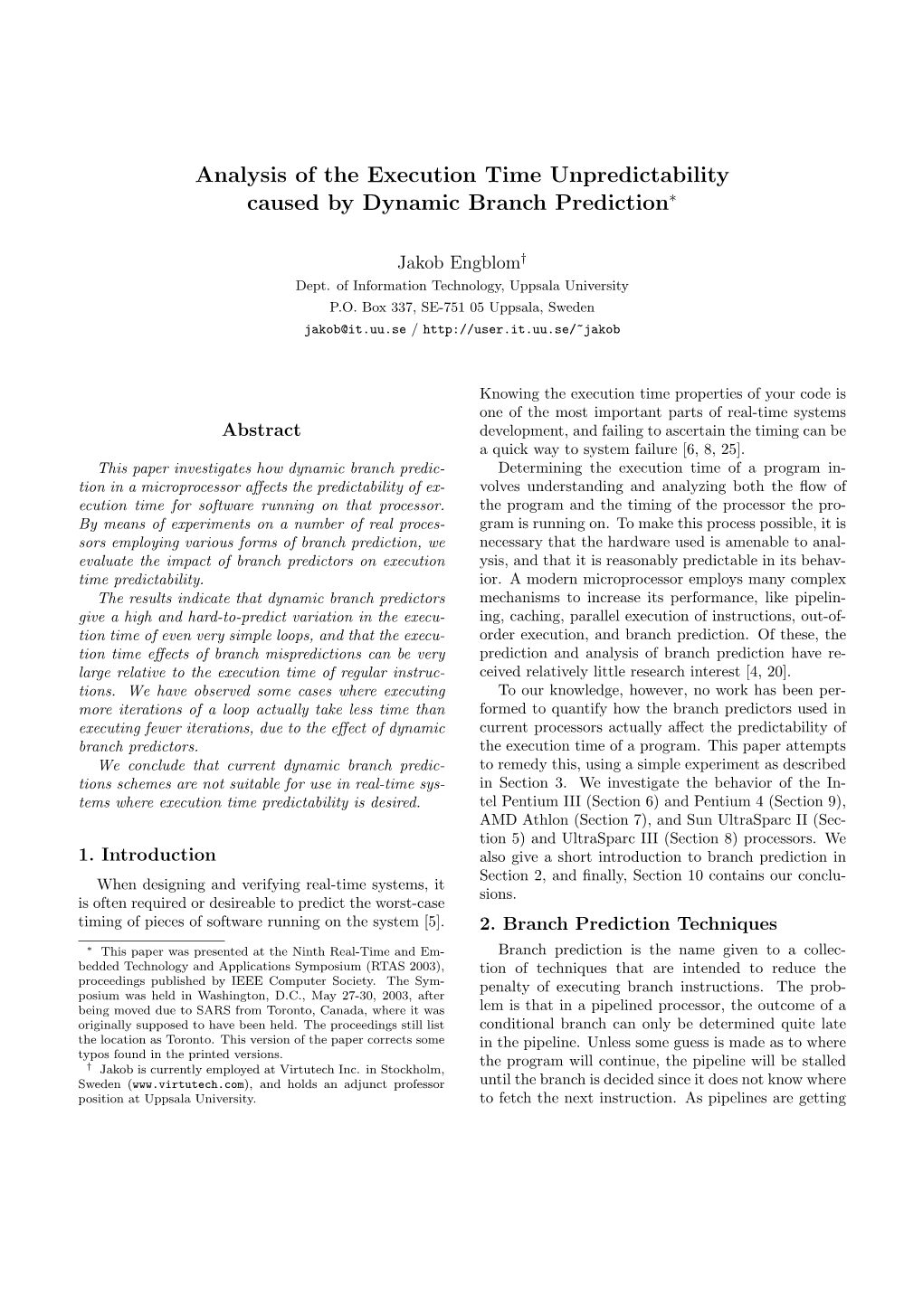 Analysis of the Execution Time Unpredictability Caused by Dynamic Branch Prediction∗