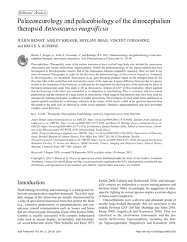 Palaeoneurology and Palaeobiology of the Dinocephalian Therapsid Anteosaurus Magnificus