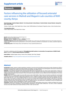 Factors Influencing the Utilization of Focused Antenatal Care Services in Malindi and Magarini Sub-Counties of Kilifi County, Kenya