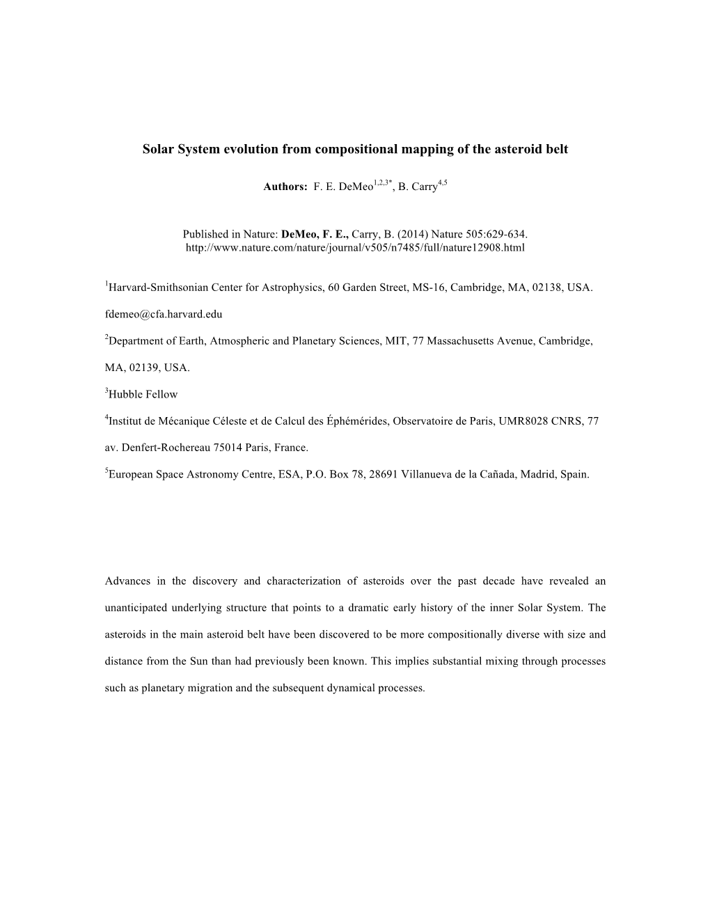 Solar System Evolution from Compositional Mapping of the Asteroid Belt