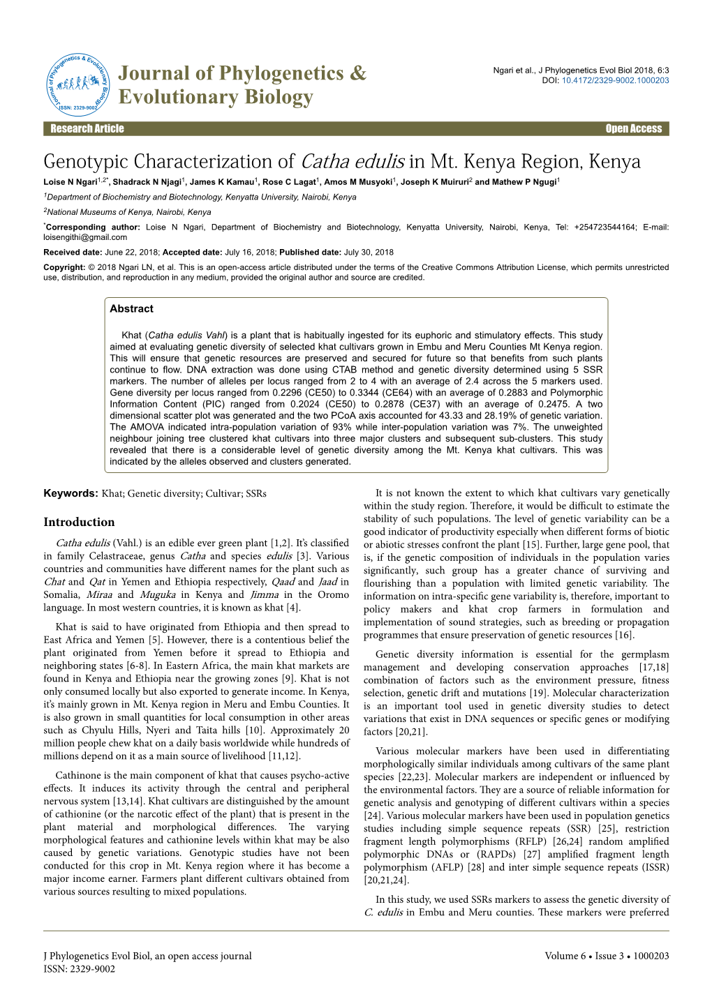 Genotypic Characterization of Catha Edulis in Mt. Kenya Region, Kenya