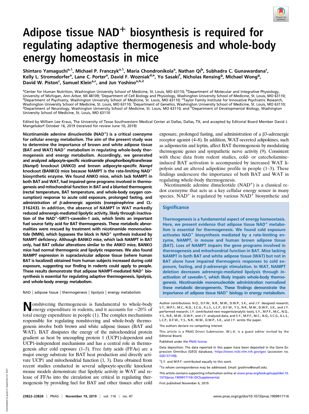 Adipose Tissue NAD+ Biosynthesis Is Required for Regulating Adaptive Thermogenesis and Whole-Body Energy Homeostasis in Mice