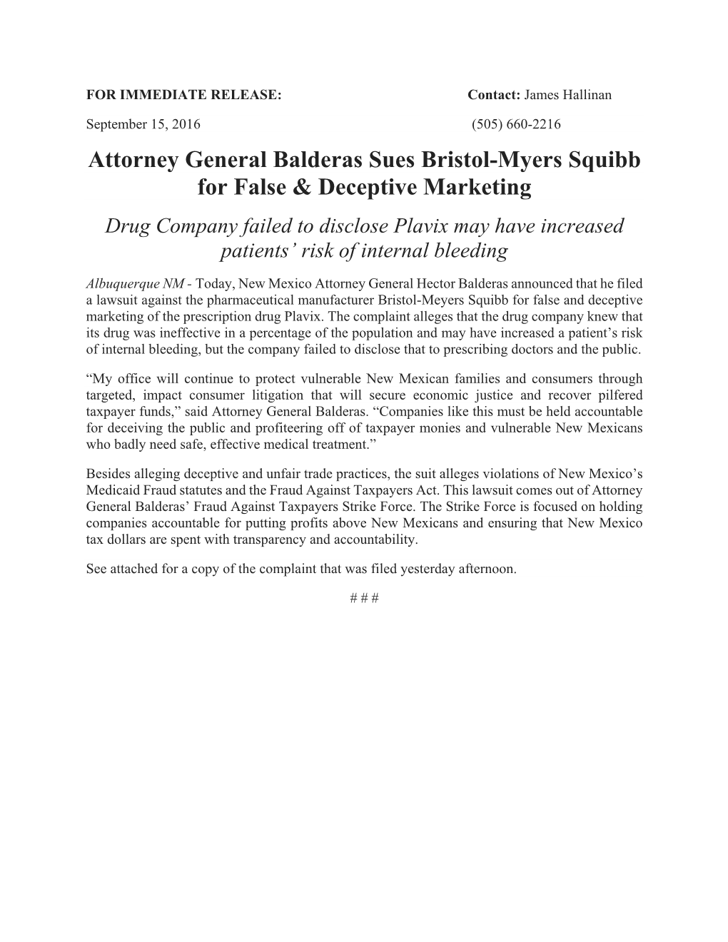 Attorney General Balderas Sues Bristol-Myers Squibb for False & Deceptive Marketing
