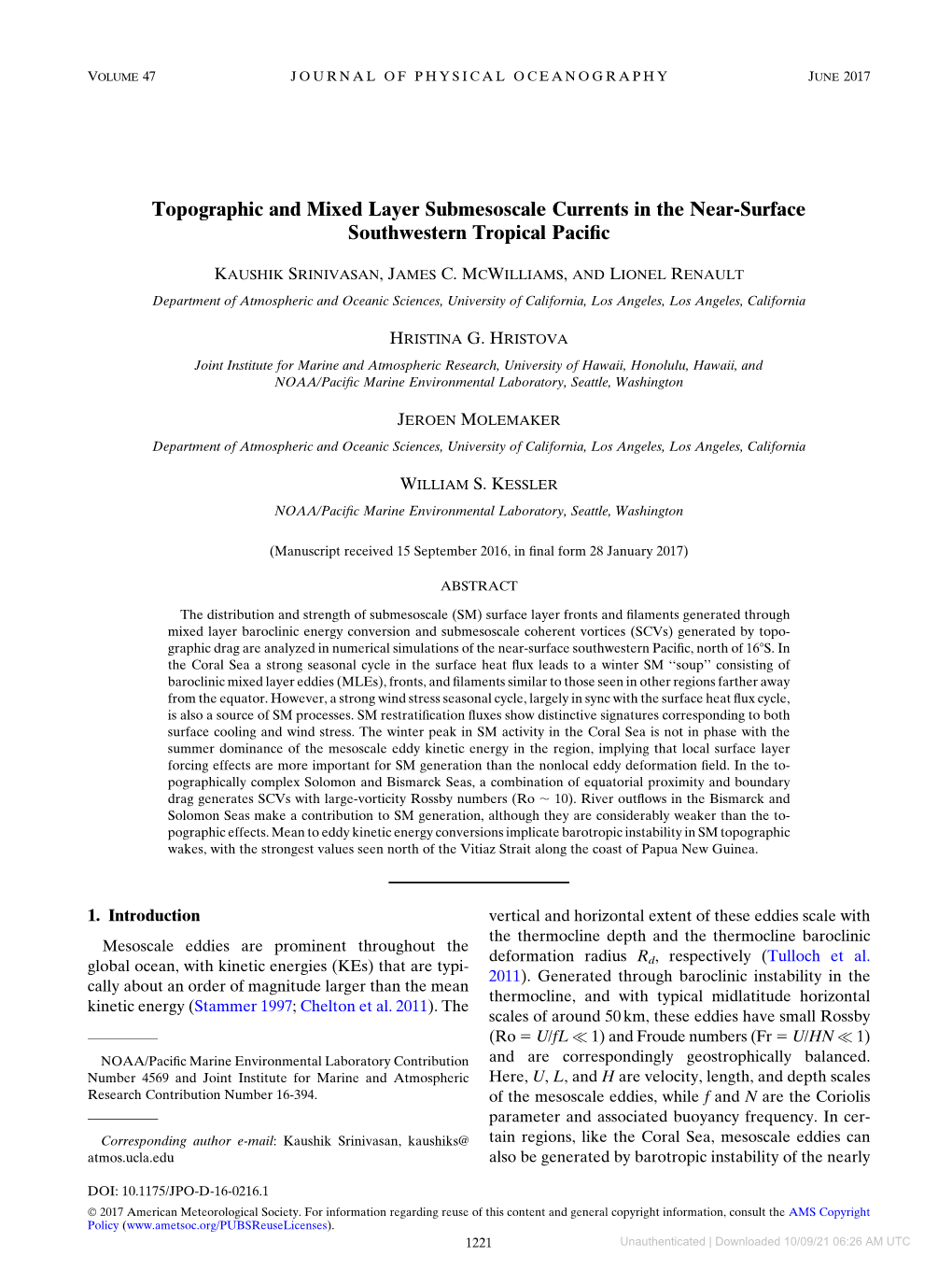 Downloaded 10/09/21 06:26 AM UTC 1222 JOURNAL of PHYSICAL OCEANOGRAPHY VOLUME 47 Zonal Jets in the Region (Qiu Et Al