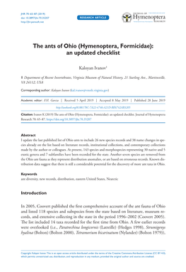 The Ants of Ohio: an Updated Checklist 65 Doi: 10.3897/Jhr.70.35207 RESEARCH ARTICLE