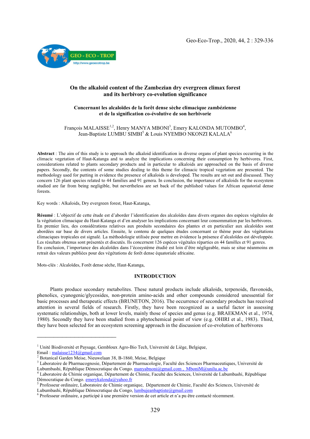 Geo-Eco-Trop., 2020, 44, 2 : 329-336 on the Alkaloid Content of the Zambezian Dry Evergreen Climax Forest and Its Herbivory