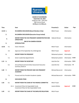 BOARD of GOVERNORS September 26, 2018 Jorgenson Hall – JOR 1410 380 Victoria Street 12:30 P.M