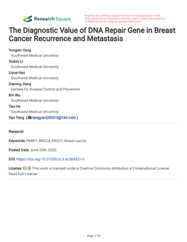 The Diagnostic Value of DNA Repair Gene in Breast Cancer Recurrence and Metastasis