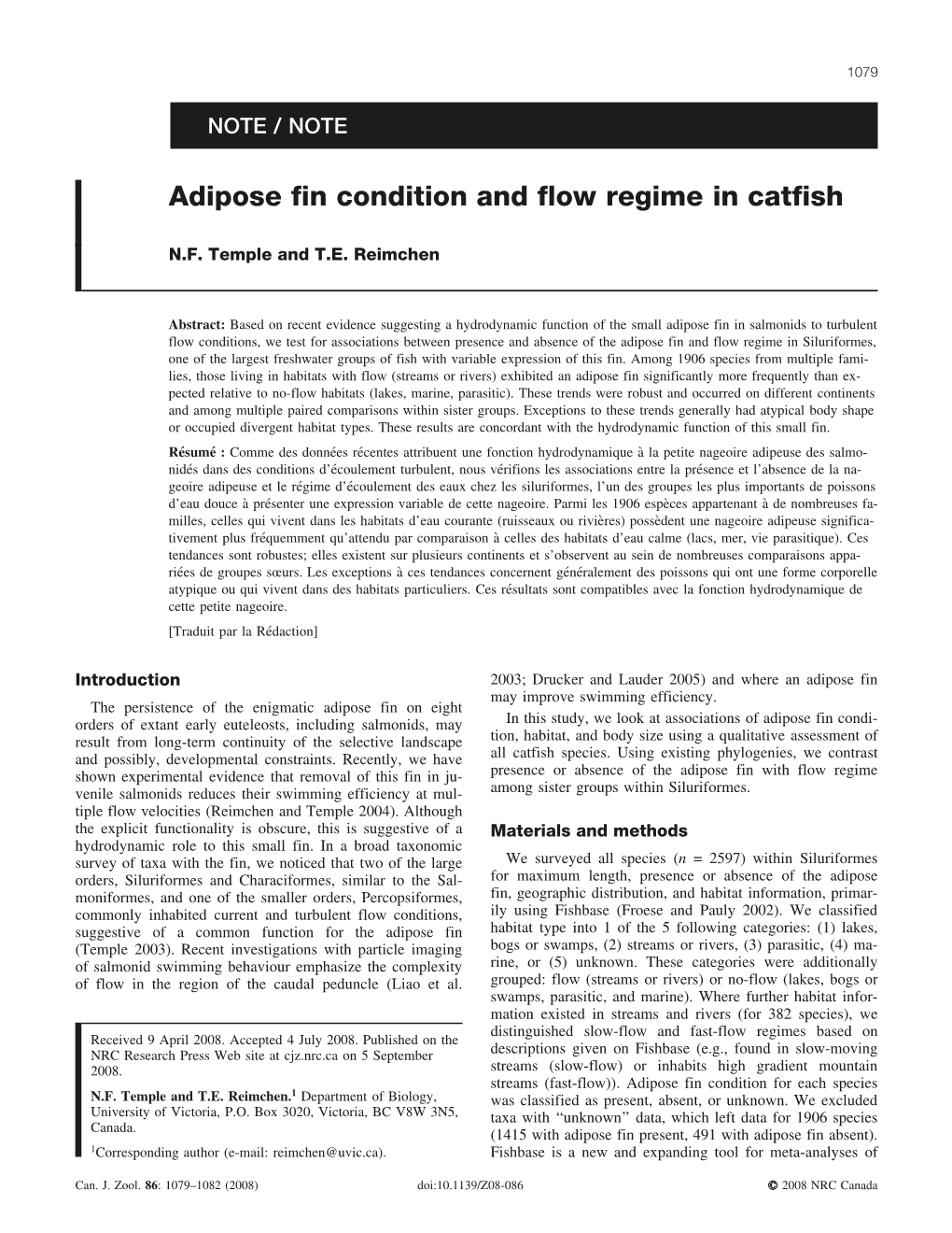 Adipose Fin Condition and Flow Regime in Catfish