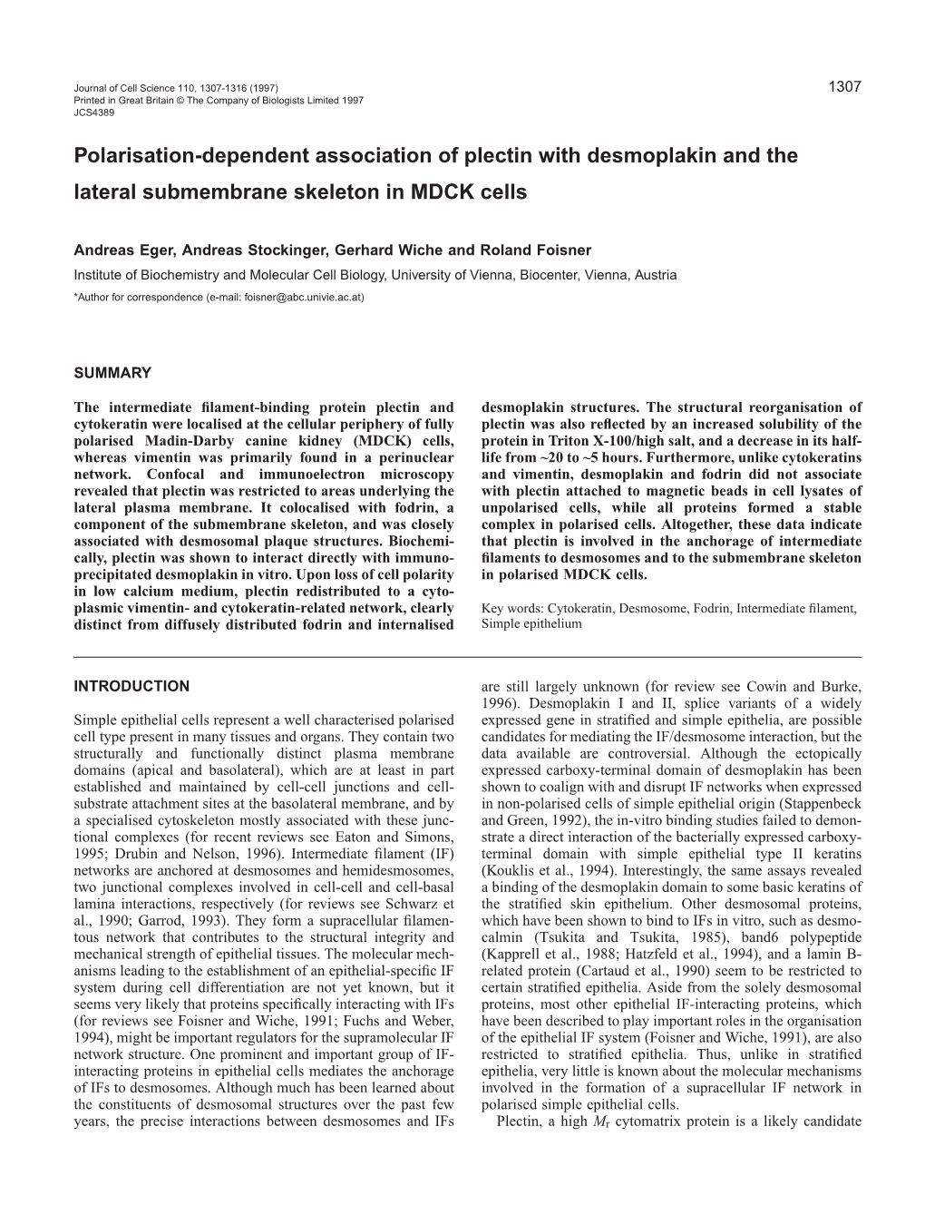 Polarisation-Dependent Association of Plectin with Desmoplakin and the Lateral Submembrane Skeleton in MDCK Cells