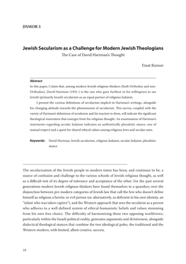 Jewish Secularism As a Challenge for Modern Jewish Theologians Th E Case of David Hartman’S Th Ought