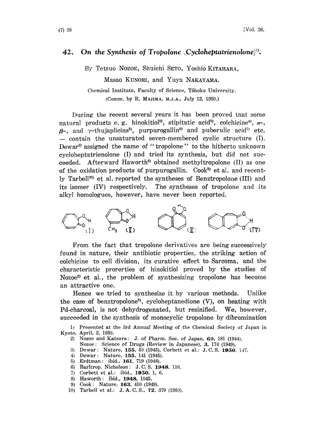 42. on the Synthesis of Tropolone ~Cycloheptatrienolone)'~