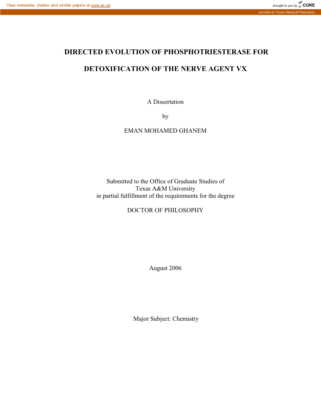 Directed Evolution of Phosphotriesterase For