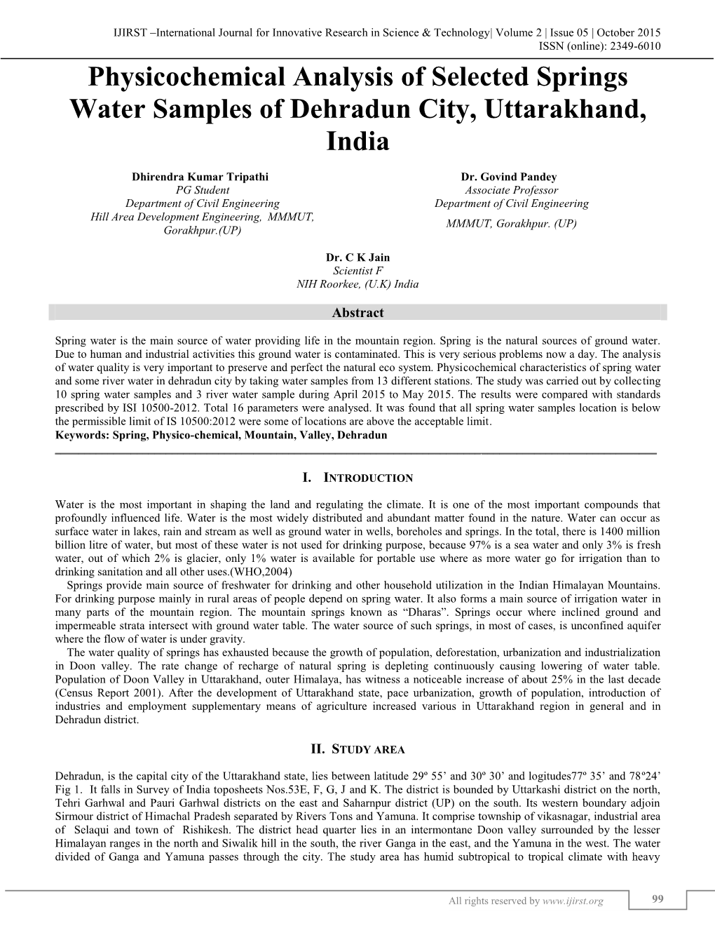 Physicochemical Analysis of Selected Springs Water Samples of Dehradun City, Uttarakhand
