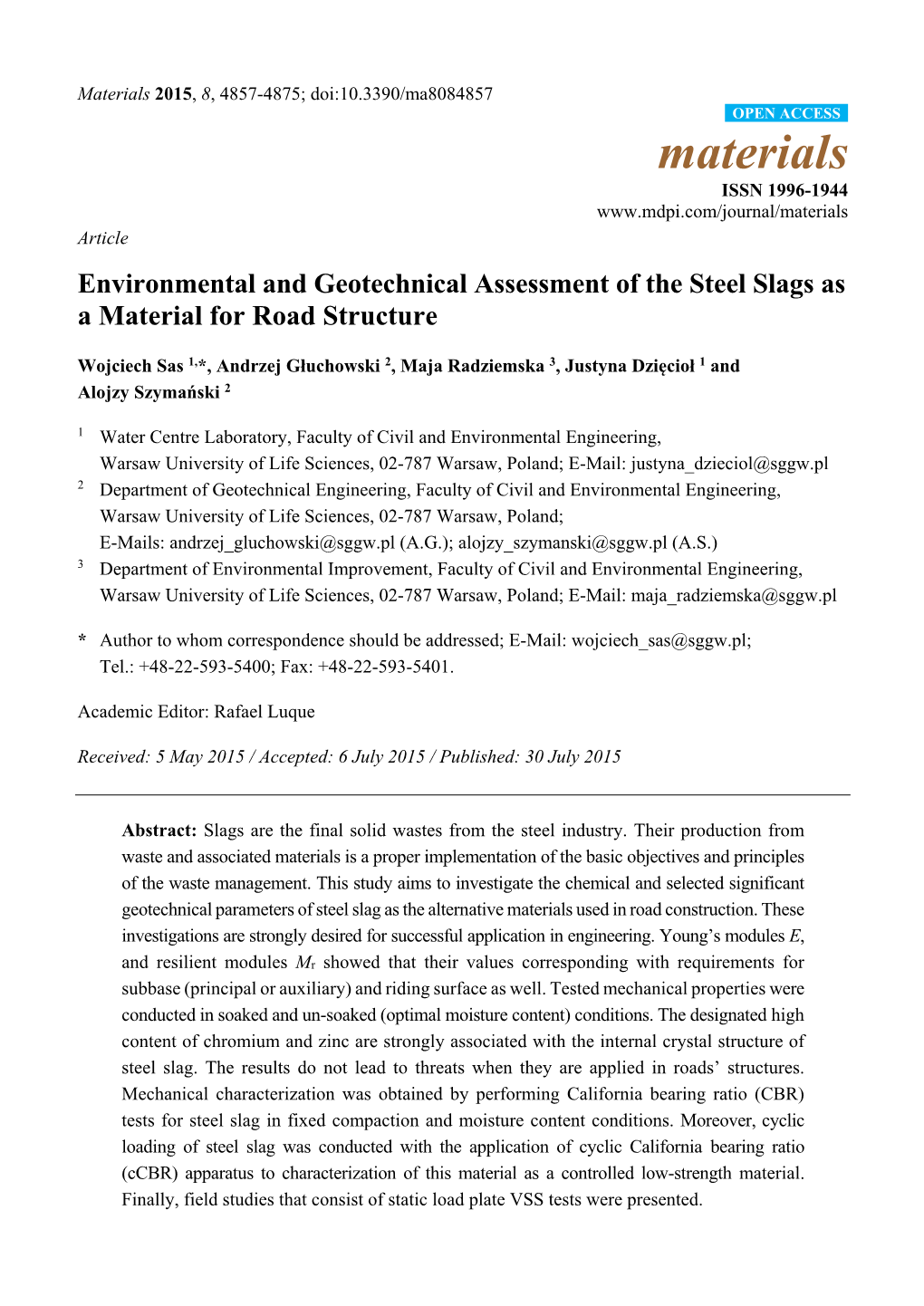 Environmental and Geotechnical Assessment of the Steel Slags As a Material for Road Structure
