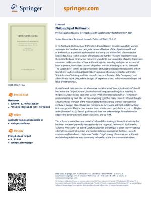 Philosophy of Arithmetic Psychological and Logical Investigations with Supplementary Texts from 1887–1901