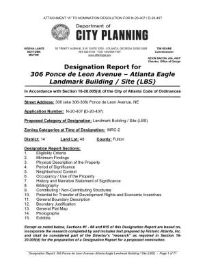 Designation Report for 306 Ponce De Leon Avenue – Atlanta Eagle Landmark Building / Site (LBS)