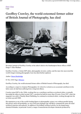 Geoffrey Crawley, the World-Esteemed Former Editor of British Journal of Photography, Has Died
