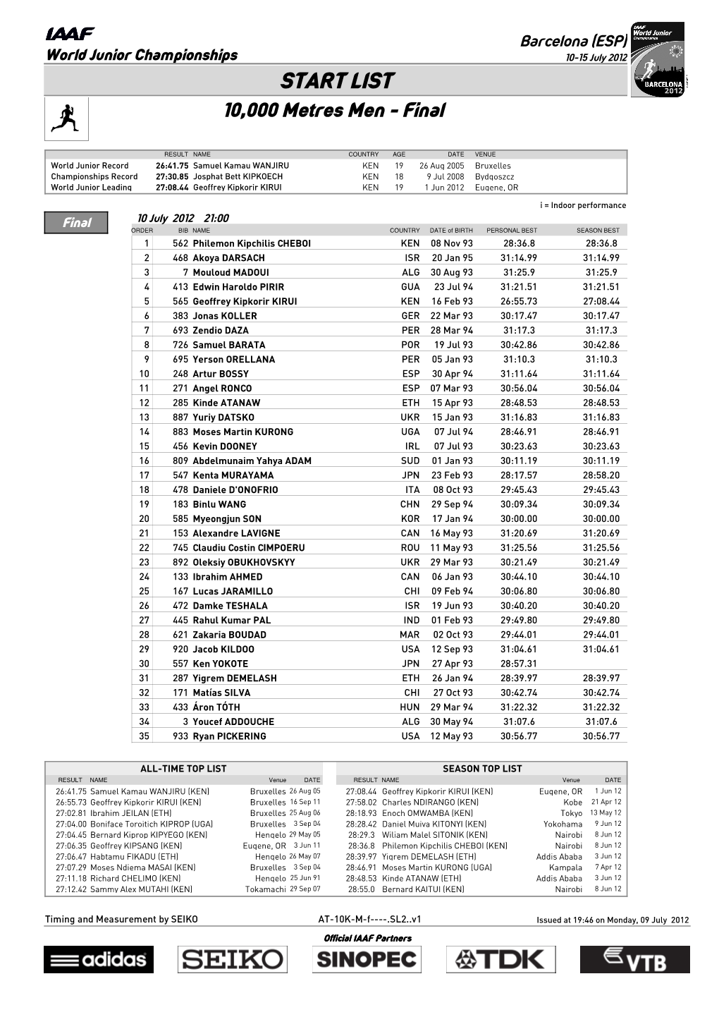 START LIST 10,000 Metres Men - Final