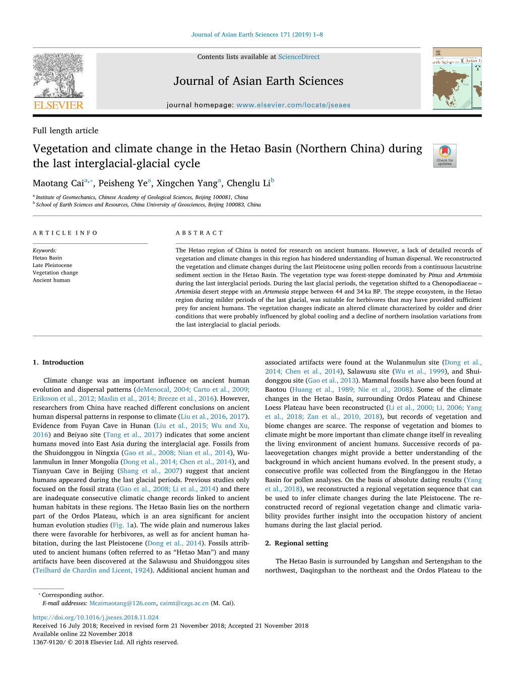 Vegetation and Climate Change in the Hetao Basin (Northern China)