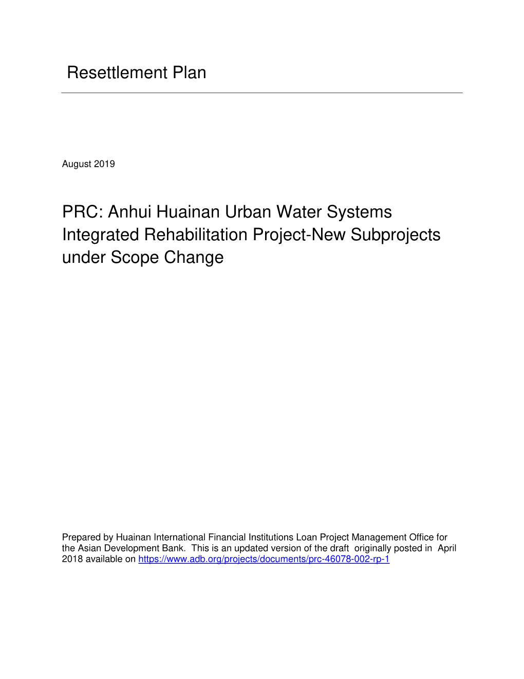 46078-002: Anhui Huainan Urban Water Systems Integrated