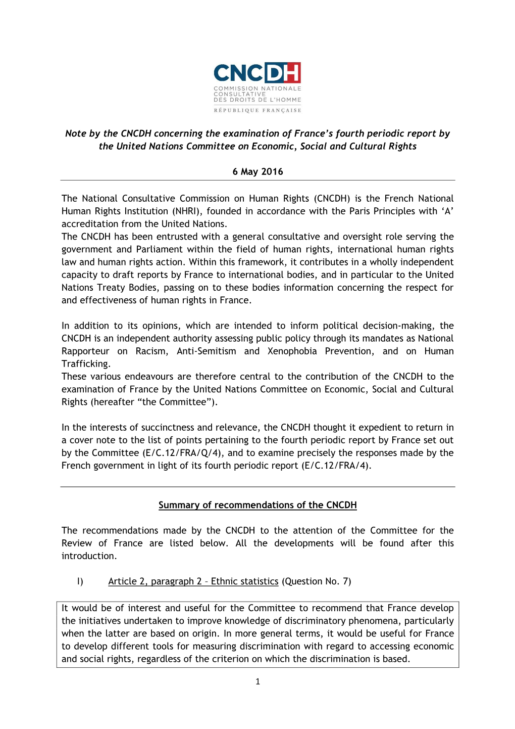 1 Note by the CNCDH Concerning the Examination of France's Fourth