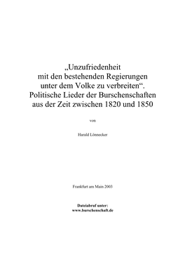 Politische Lieder Der Burschenschaften Aus Der Zeit Zwischen 1820 Und 1850