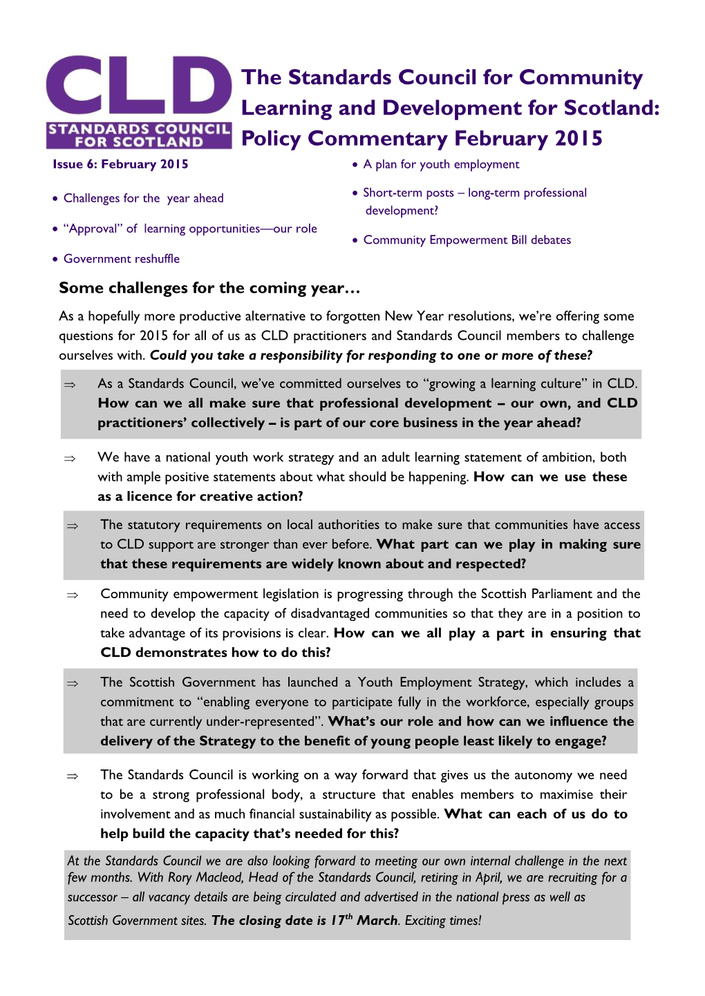 February 2015 Issue 6: February 2015  a Plan for Youth Employment